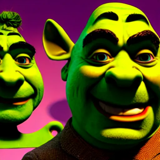 Image similar to mr. bean as shrek. movie still. cinematic lighting.