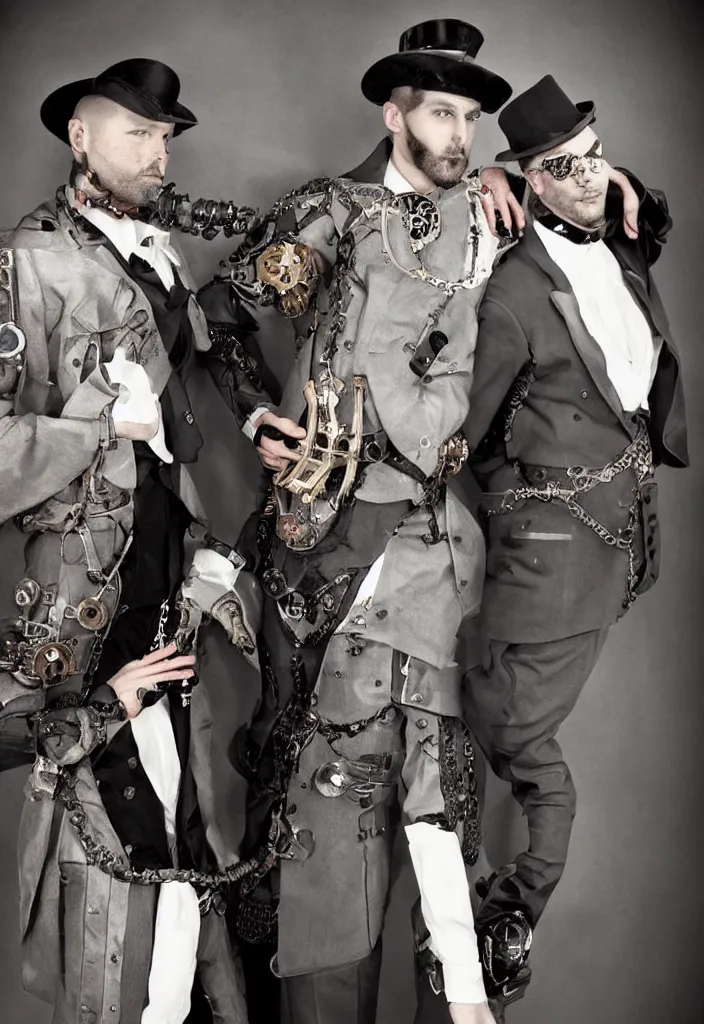 Image similar to two handsome men looking each other with steampunk suit photographed by bruce labruce