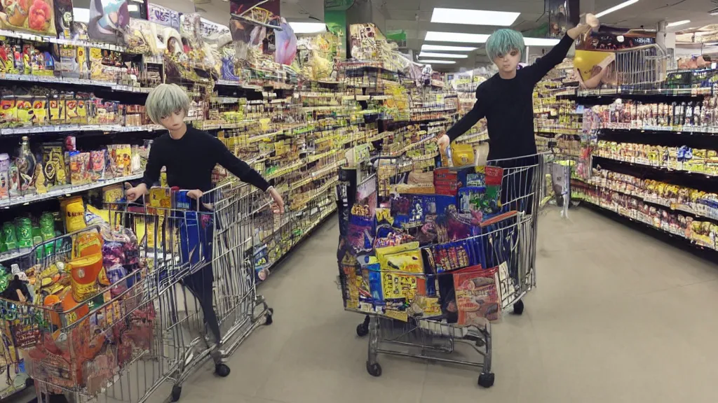 Image similar to Genos from One Punch Man pushing a shopping cart in a Japanese grocery store by Studio Ghibli! Hiyao Miyazaki