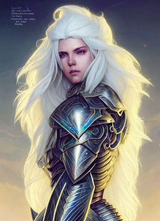 Image similar to light iridescent armor!!! long wild white hair!! covered chest!!! fantasy, d & d, intricate ornate details, digital painting, pretty face!!, symmetry, concept art, sharp focus, illustration, art by artgerm! greg rutkowski magali villeneuve wlop! ilya kuvshinov!!, octane render