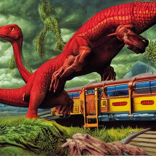 Prompt: dinosaur train, Joe Jusko, Alan Lee, George Costanza