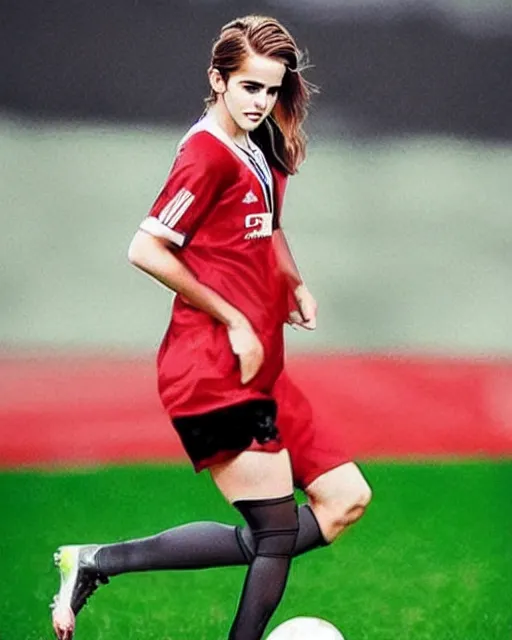 Image similar to a portrait of emma watson as a lokomotiv football player, hyper realistic