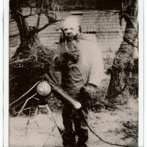 Prompt: old polaroid depicting a russian scientist besides a mechanical alien probe, at a clearing