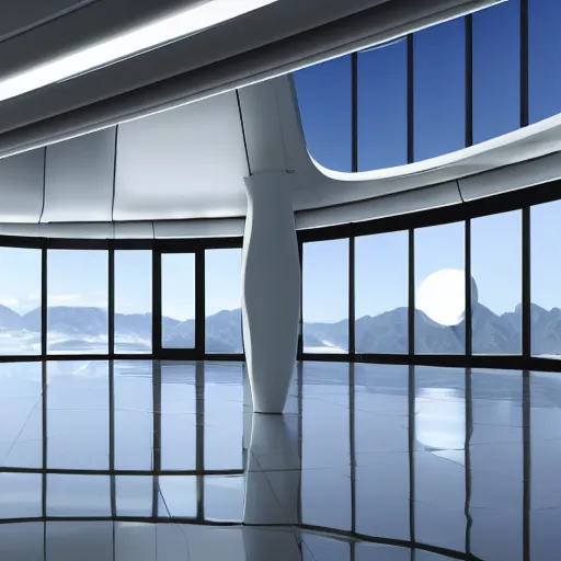 Prompt: Minimalist 3D Rendering of a Futuristic hall with tall windows overlooking a scifi city and mountains with a big planet in the sky, photorealistic, white and blue, interior design, raytraced, spacestation