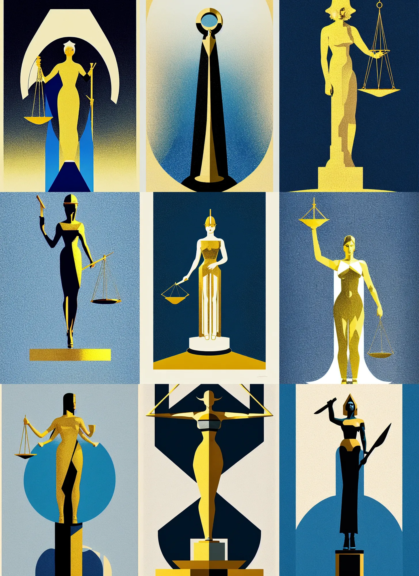 Prompt: ( ( dither ) ), editorial illustration full body portrait statue of lady justice, modern art deco, white + blue + gold + black, ( ( mads berg ) ), christopher balaskas, victo ngai, moebius, rich grainy texture, detailed, dynamic composition, wide angle, bauhaus, geometric, wood block pirnt