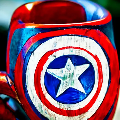 Image similar to a closeup photorealistic photograph of a glossy captain america style tiki mug sitting at an outdoor trader vic's bar featuring captain america's face. tiki theme. bright scene. fine detail. this 4 k hd image is trending on artstation, featured on behance, well - rendered, extra crisp, features intricate detail, epic composition and the style of unreal engine.