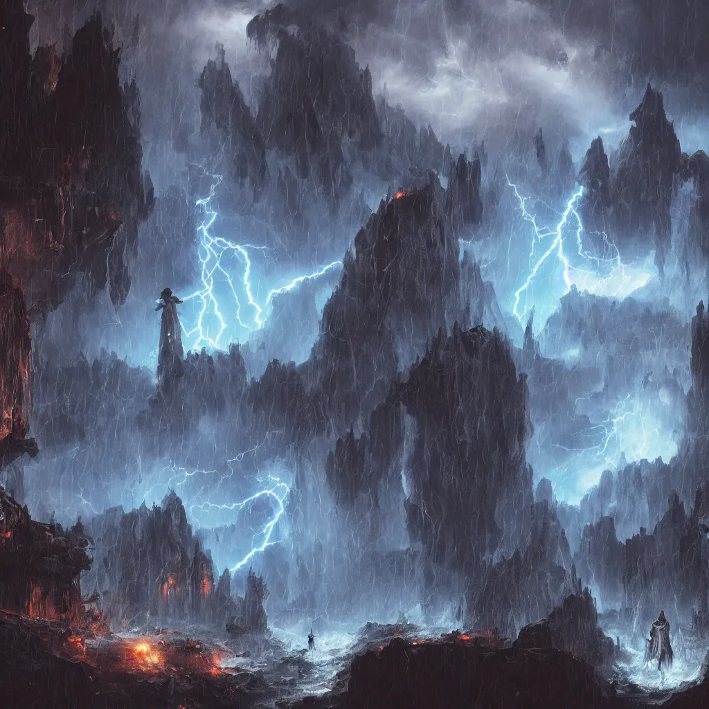 Image similar to a still of a cloaked figure standing in the ruins of crux prime, monastery, there is lightning, blue fiery maelstrom in the distance, it is raining, digital art, artstationhq