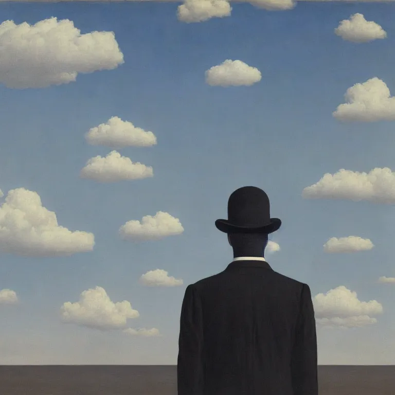 Prompt: portrait of a faceless shadow - head man with long messy fuzzy hair in a suit, clouds in the background, by rene magritte, detailed painting, distance, middle centered, hd, hq, high resolution, high detail, 4 k, 8 k