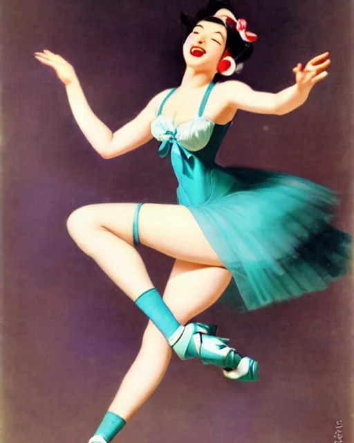 Image similar to hatsune Miku dancing by Gil Elvgren and Enoch Bolle