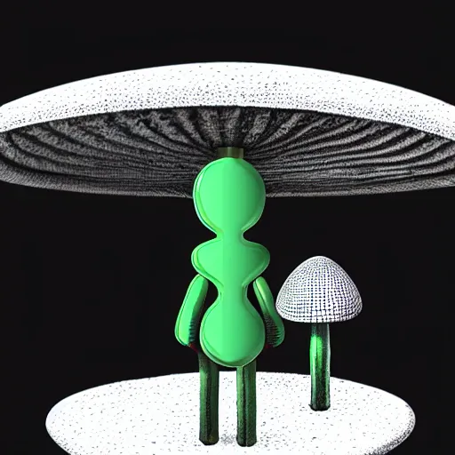 Prompt: mushroom ufo logo on black background, 3d, trippy glitched digital art, artstation, cgsociety