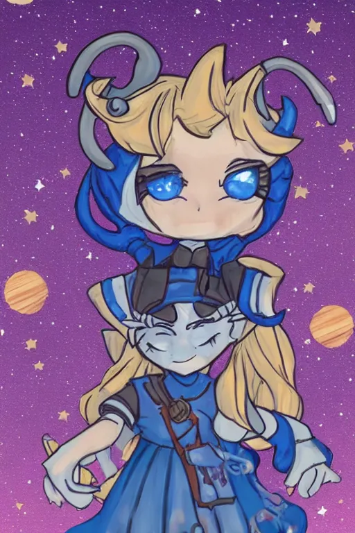 Prompt: Jester Lavorre blue chibi tiefling from Critical Role in a steampunk process outfit in a starry space sky 🌈