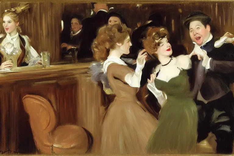 Prompt: dancing michael mcintyre and 2 blonde ladies in a bar by john singer sargent