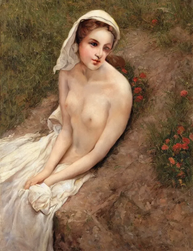 Image similar to tempting peasant girl with deep seductive décolleté looking in the camera, on a village, high angle view, portrait, Cinematic focus, Polaroid photo, vintage, neutral colors, soft lights, foggy, by Steve Hanks, by Serov Valentin, by lisa yuskavage, by Andrei Tarkovsky 8k render, detailed, oil on canvas