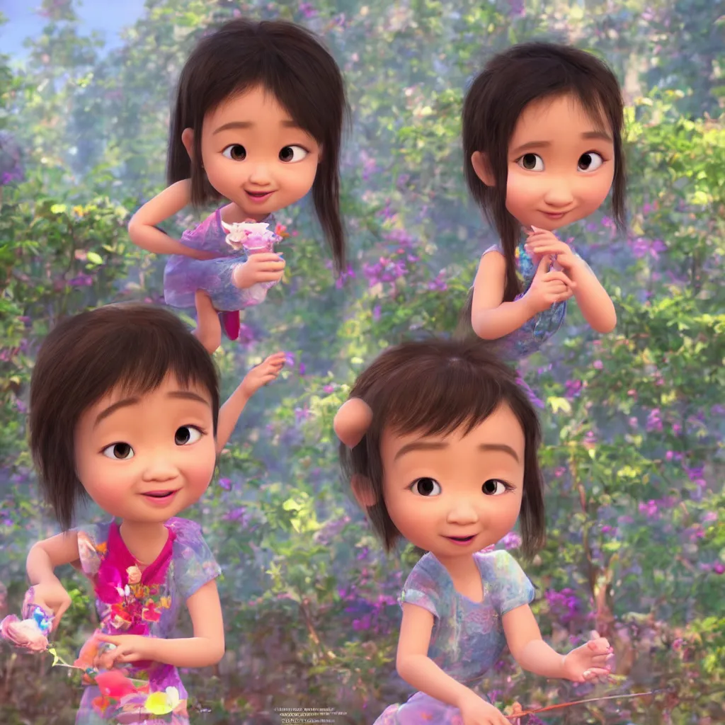 Image similar to A beautiful and cute little thai girl in Pixar artstyle, cgi