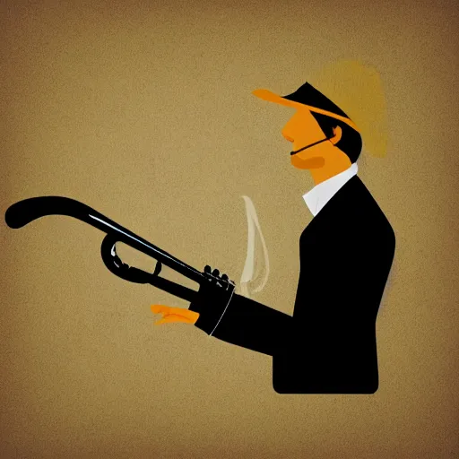 Image similar to modern vector graphic of a singular seated jazz musician with a bowler hat playing a sizzling trumpet solo, 8 colors