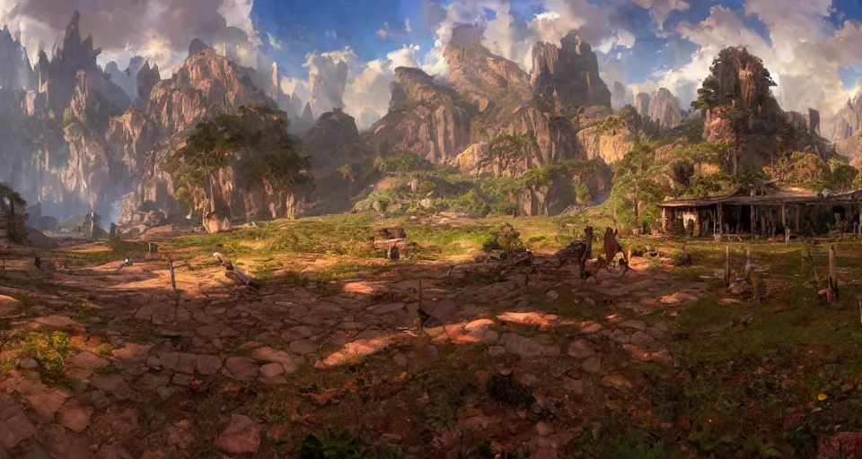 Image similar to A panoramic 360 photo of gameplay from a videogame painted by James Gurney. Matte painting. Fantastic incredible intriguing mysterious engaging impressive masterpiece lighting. Colorful environment, rule of thirds, symmetrical balance, depth layering, polarizing filter, Sense of Depth, AI enhanced