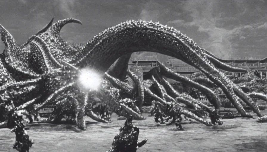 Image similar to a filmstill of the movie Pulgasari by Shin Sang-ok and Kim Jong-il, a giant kaiju starfish destroying a korean palace, cinematography by Akira Kurosawa