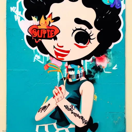 Prompt: betty boop painting by sachin teng x supreme, matte paint, street art, : 5 marijuana, graffiti, smoke, hard edges, geometric shapes, by sachin teng : 6