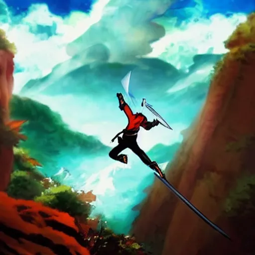 Prompt: man with sword jump of the cliff in front of the waterfall, dragons flying around, anime, cartoon, superhero, naruto