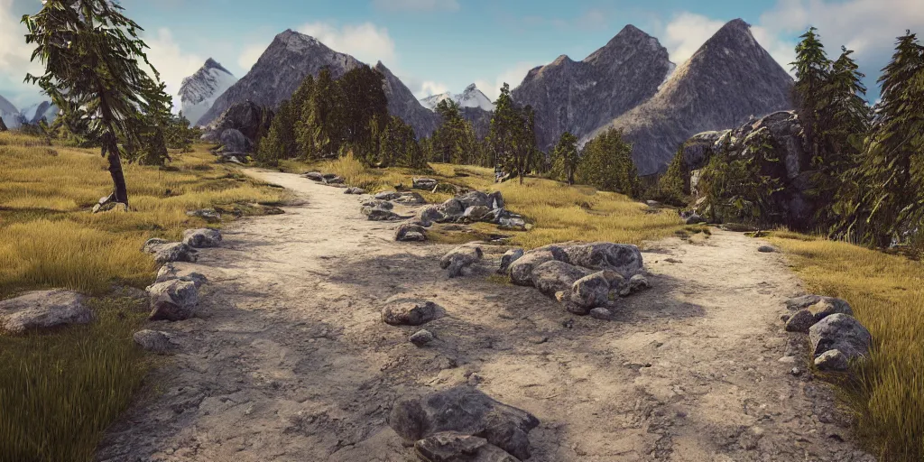 Prompt: pathway between mountains, rocks unreal engine render