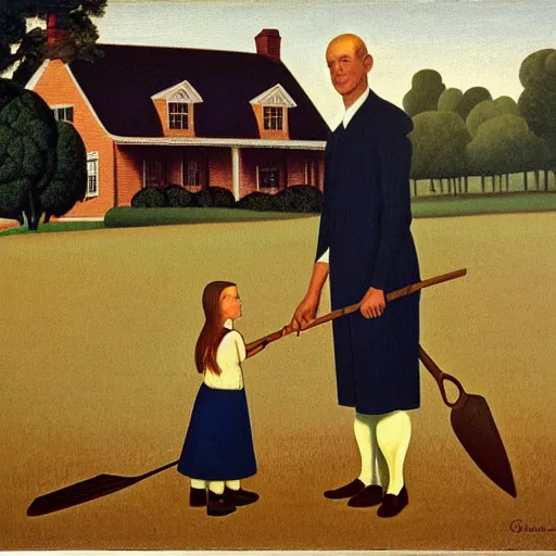 Image similar to an oil painting of a farmer standing beside his daughter in front of a white house. The woman wears a colonial print apron. The man wears overalls covered by a dark suit jacket and he carries a pitchfork. By Grant Wood, 1930.