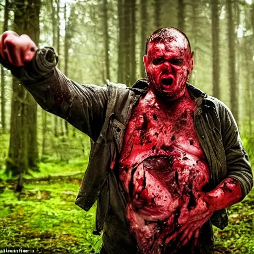 Prompt: big butcher man posing scarily, scary angry pose, covered in blood, fresh kill, cleaver, earie setting, in a forest, horror, hyperdetailed