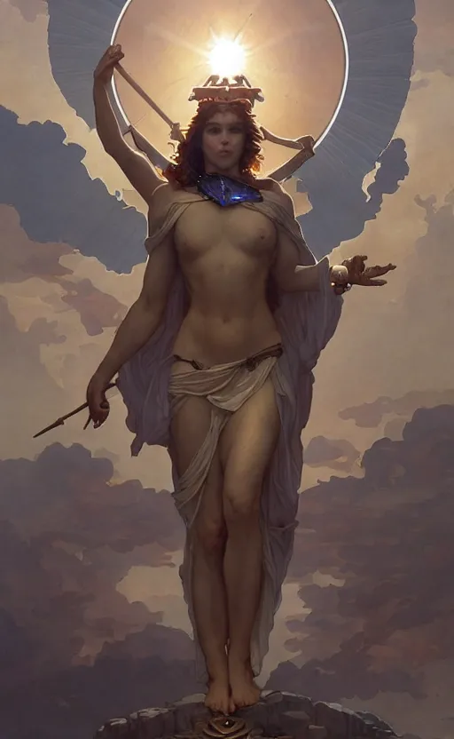 Prompt: solarpunk four armed statue of the goddess of the sun helios descending from olympus, artstation, concept art, smooth, sharp focus, illustration, art by artgerm and greg rutkowski and alphonse mucha and william adolphe bouguereau and john william waterhouse and gianlorenzo bernini