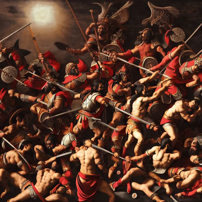 Image similar to ,The Spanish conquistadors fighting the Aztecs, dreamlike atmosphere, symmetrical baroque painting, perfect composition, amazingly detailed octane rendering, beautiful, detailed, intricate, trending on Artstation, 8K fine art photography, photorealistic, natural volumetric cinematic perfect light soft, chiaroscuro, award-winning photography, masterpiece, Raphael, Caravaggio, Greg Rutkowski, Beeple