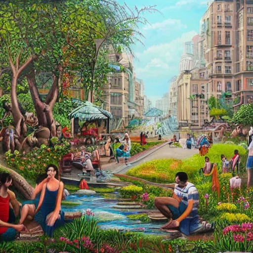 Prompt: people enjoying a beautiful city of the future in harmony with nature. Beautiful detailed painting by Lurid. (2022)