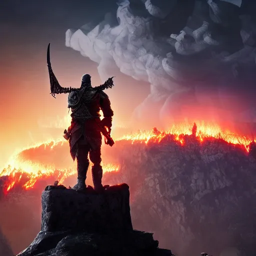 Prompt: warlord standing over a cliff with a city burning behind unreal 4k, digital art,