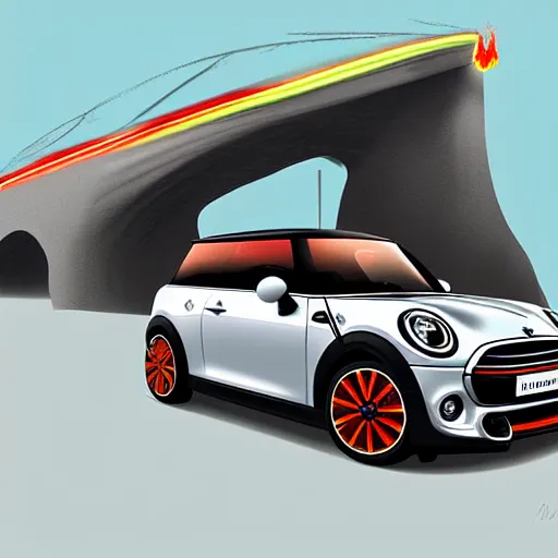 Image similar to a mini cooper ramping over a flaming bridge, digital art