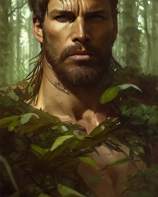 Prompt: god of the forest, rugged, male, detailed face, muscular, intricate, highly detailed, digital painting, artstation, concept art, sharp focus, illustration, art by greg rutkowski and alphonse mucha