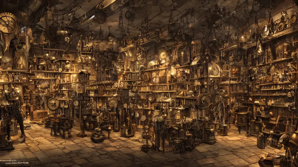 Image similar to A steampunk store, by Lee Fitzgerald, ultra detailed displays of weapons and clockwork machinations densely packed on shelves, volumetric lighting, 8k, unreal engine, trending on artstation