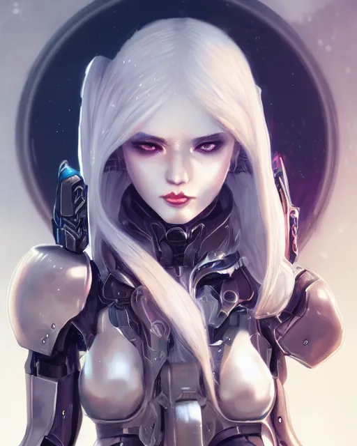 Image similar to holy cyborg necromancer girl, elegant, perfect face, scifi, futuristic, utopia, garden, illustration, atmosphere, warframe, blue eyes, white hair, artstation, nier automata, highly detailed, art by yuhong ding and chengwei pan and serafleur and ina wong