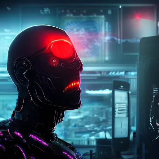 Image similar to a photograph from a big budget sci-fi movie of a cyborg, red glowing eyes, by Sam Spratt, by Vlad Rodrig﻿u﻿e﻿z, computer screens in the background, trending on Artstation, dark, dramatic, cinematic, realistic studio lighting.