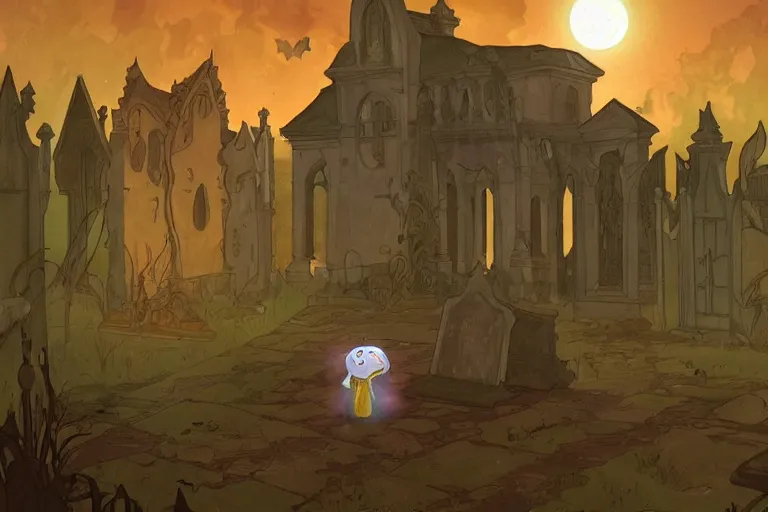 Prompt: an ultra detailed animation of a cartoon ghost in a graveyard at midnight on halloween, digital art, dark fantasy, concept art, soulslike, by alphonse mucha, blood moon eclipse, ruined building in the background, artstation, 8 k, unreal engine render