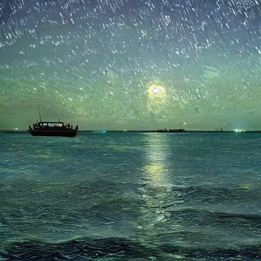 Prompt: Sea Of Stars of Vaadhoo Island Maldives, Bioluminescent sea plankton that shines multiversal during the night, makes the sea area glowing water, ethereal and dreamy, art by VINCENT VAN GOGH