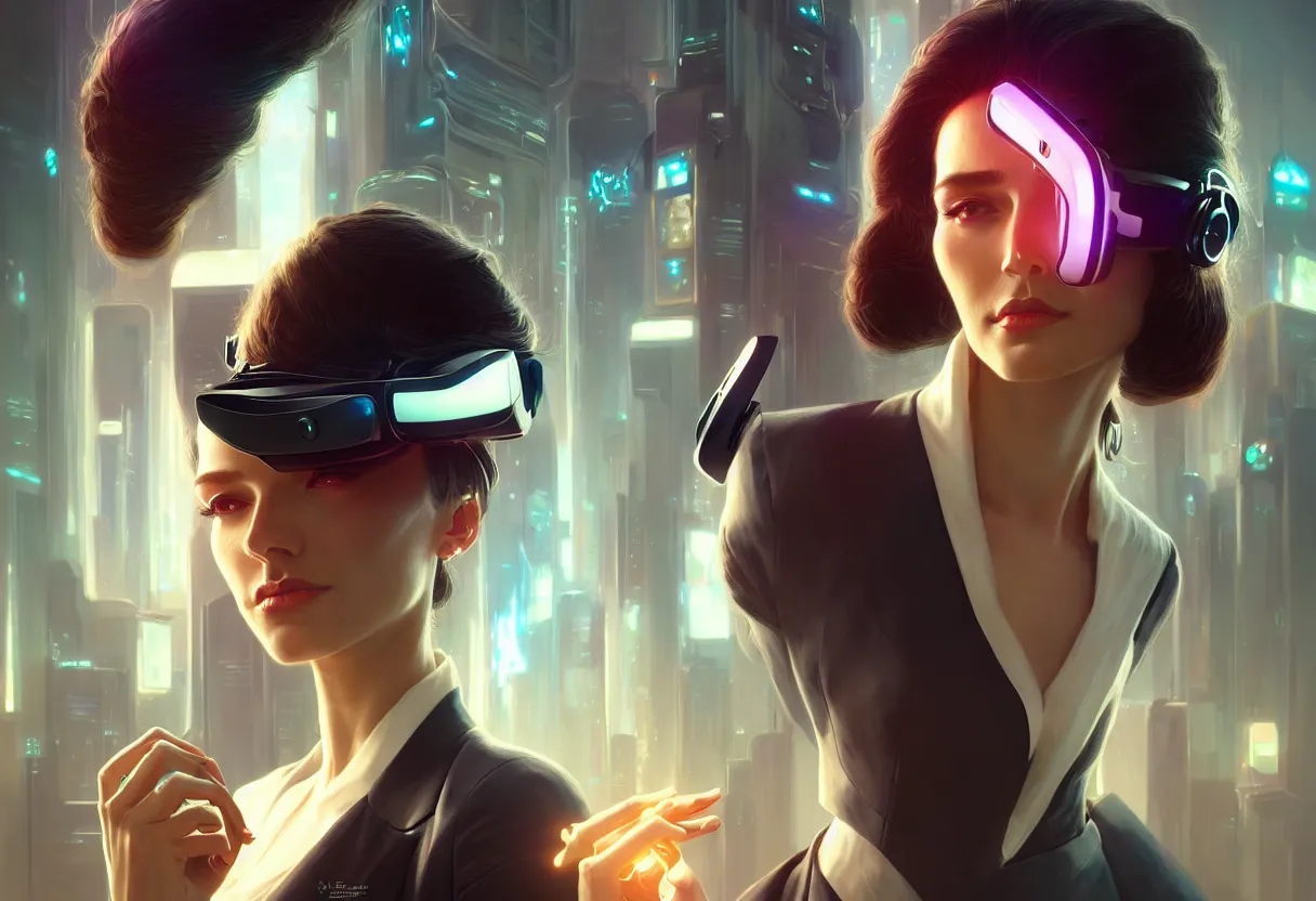 Image similar to beautiful render, futuristic businesswoman with VR headset, cyberpunk, sci-fi, fantasy, intricate, elegant, highly detailed, digital painting, artstation, concept art, smooth, sharp focus, octane render, dramatic lighting, art by artgerm and greg rutkowski and alphonse mucha and wlop