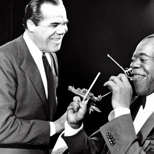 Image similar to richard nixon and louis armstrong smoking marijuana, photography, black and white, 8 k, crisp, highly detailed, high quality, high resolution