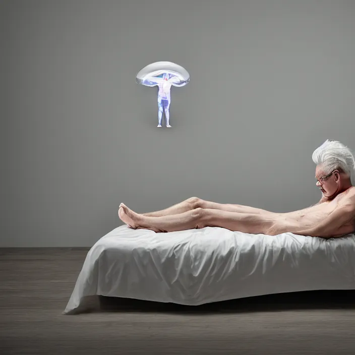 Prompt: a 7 0 year old white haired man lays on a bed, a transparent iridescent figure levitates above him, by clemens ascher, canon eos c 3 0 0, ƒ 1. 8, 3 5 mm, 8 k, medium - format print