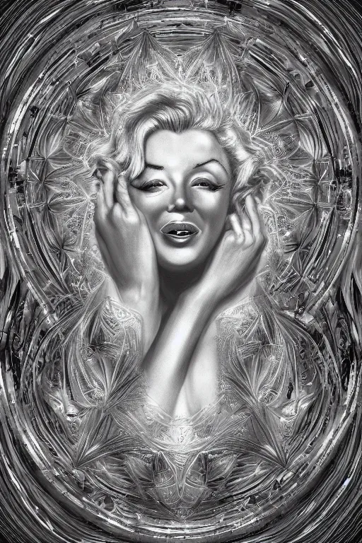 Prompt: Marilyn Monroe Centered, uncut, unzoom, symmetry. charachter illustration. Dmt entity manifestation. Surreal render, ultra realistic, zenith view. Made by hakan hisim feat cameron gray and alex grey. Polished. Inspired by patricio clarey, heidi taillefer scifi painter glenn brown. Slightly Decorated with Sacred geometry and fractals. Extremely ornated. artstation, cgsociety, unreal engine, ray tracing, detailed illustration, hd, 4k, digital art, overdetailed art. Intricate omnious visionary concept art, shamanic arts ayahuasca trip illustration. Extremely psychedelic. Dslr, tiltshift, dof. 64megapixel. complementing colors. Remixed by lyzergium.art feat binx.ly and machine.delusions. zerg aesthetics. Trending on artstation, deviantart