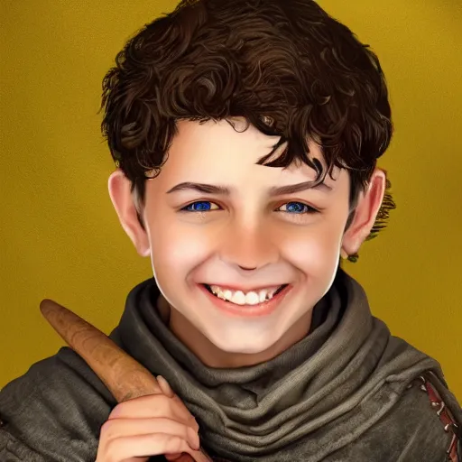 Image similar to a detailed portrait of a medieval ten year old boy smiling, he has short curly brown hair, brown eyes and white skin, fantasy art illustration, incredibly highly detailed and realistic, 8 k, sharp focus