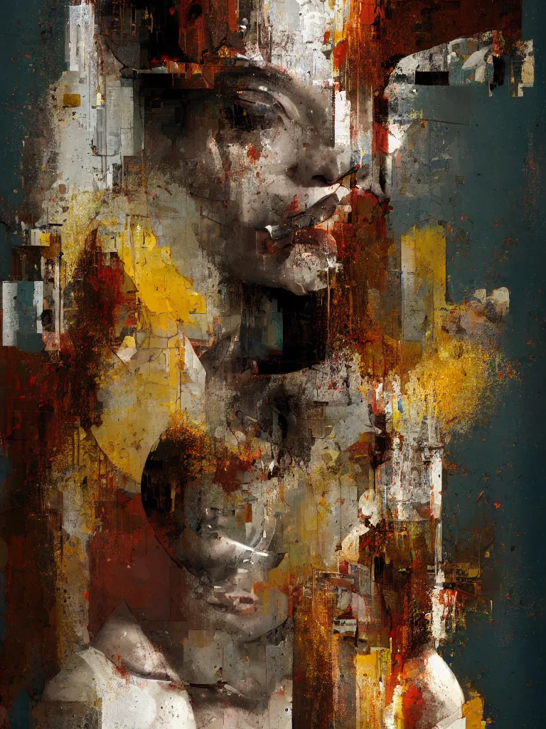 Image similar to a beautiful painting by robert proch and christian hook of a woman in front of a mirror in a glitched bathroom, metal rust and plaster materials, pixel sorting, color bleeding, brushstrokes by jeremy mann