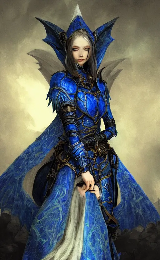 Prompt: !dream Gothic elf princess in dark and blue dragon armor, Rembrandt painting (1667) and artstation trending, highly detailded