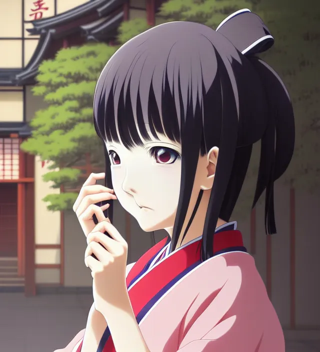 Image similar to anime visual, portrait of a japanese woman in traditional clothes outside a temple, cute face by ilya kuvshinov, yoshinari yoh, makoto shinkai, katsura masakazu, dynamic perspective pose, detailed facial features, kyoani, rounded eyes, crisp and sharp, cel shad, anime poster, ambient light