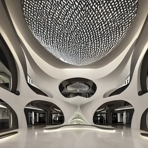 Image similar to extremely detailed ornate stunning beautiful elegant futuristic museum lobby interior by Zaha Hadid