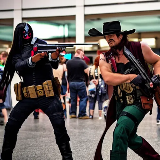 Prompt: gunfight at comicon cosplay