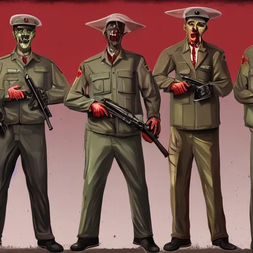 Prompt: zombie security officers from 1 9 6 0 with glowing pale red skin in beige uniforms and caps holding bullpup rifles in a brutalist office setting trending on artstation digital painting 4 k sharp detail high quality