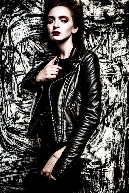 Image similar to dreamy rock girl, black leather jacket, detailed acrylic, grunge, intricate complexity, by dan mumford and by alberto giacometti, peter lindbergh, 8 k, macro photography