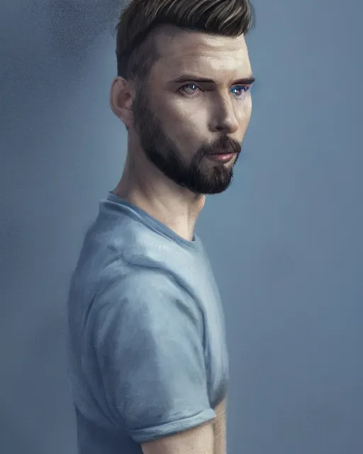 Image similar to portrait of a man in his mid - twenties with dull blue eyes, short dark blond hair, short goatee, ultra realistic, epic, highly detailed, hd, sharp focus, cinematic lighting, realistic, dreamy, vivid colors, dreary, morose, matt painting, digital art, non blurry, sharp, artstation, concept art, smooth, illustration